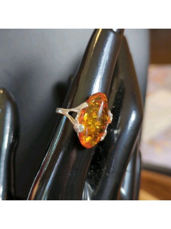 Unbranded Jewelry - 925 Sterling Silver Amber Ring Size 7.5 Natural Stone